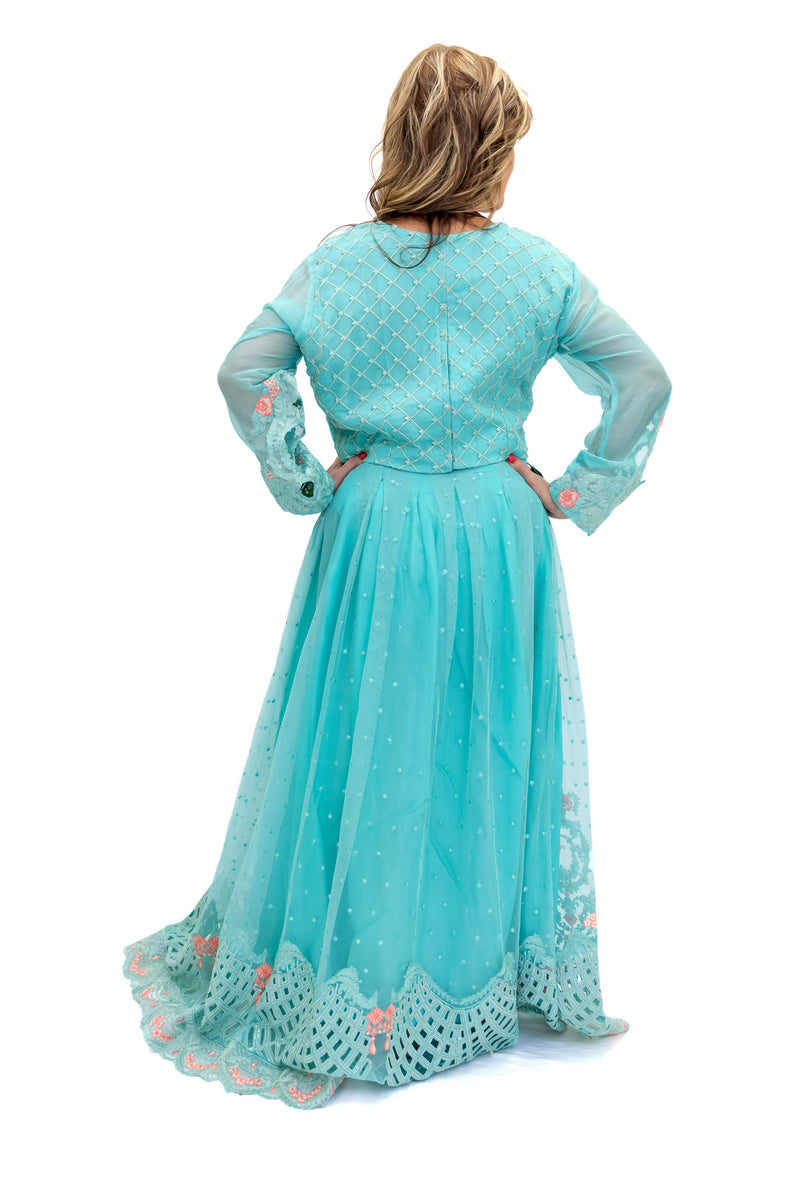 Net Teal Lengha & Long Sleeve - South Asian Fashion - Formal Wear