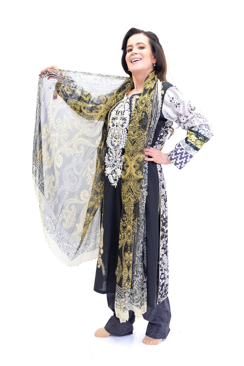 Black & White Cotton Salwar Kameez - Suit - South Asian Fashion