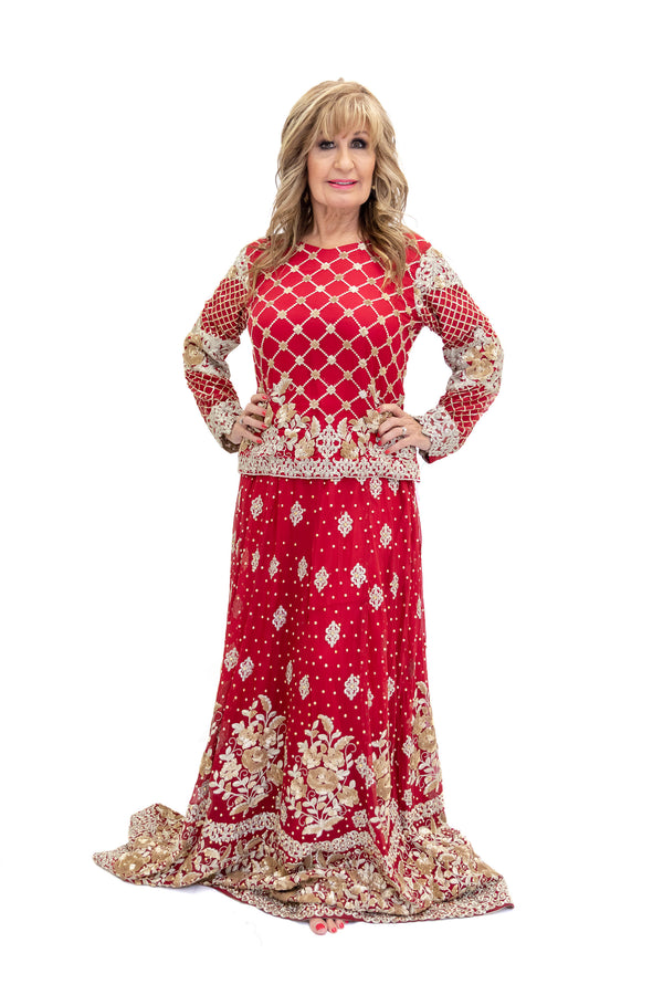 Red Bridal Lengha with Gold Embroidery and Beading