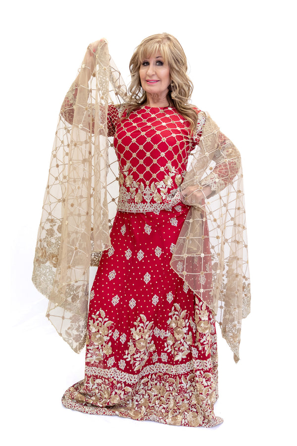Red Bridal Lengha with Gold Embroidery and Beading