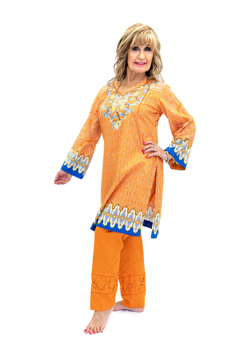 Orange & Blue Cotton Salwar Kameez - Suit - South Asian Fashion