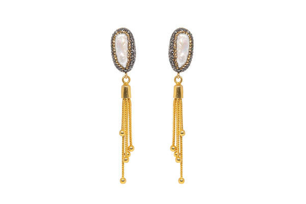 Pearl Dangle Earrings with Gold Fringe - South Asian Jewelry