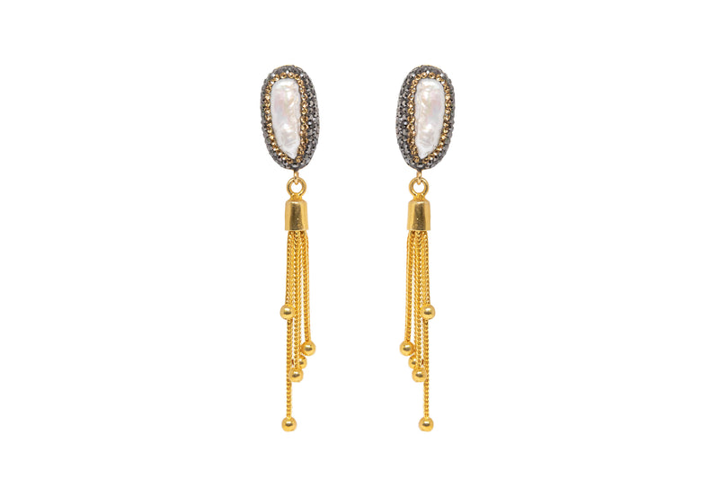 Pearl Dangle Earrings with Gold Fringe - South Asian Jewelry