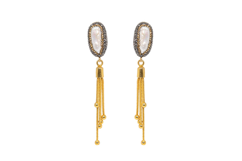 Pearl Dangle Earrings with Gold Fringe - South Asian Jewelry