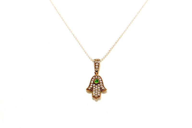 Turkish Silver Hamsa Pendant with Green Stones - South Asian Fashion