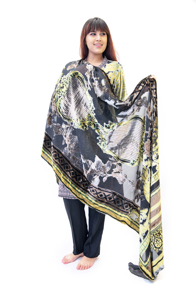Black & Yellow Velvet Salwar Kameez - Gal Ahmed Designer Suit
