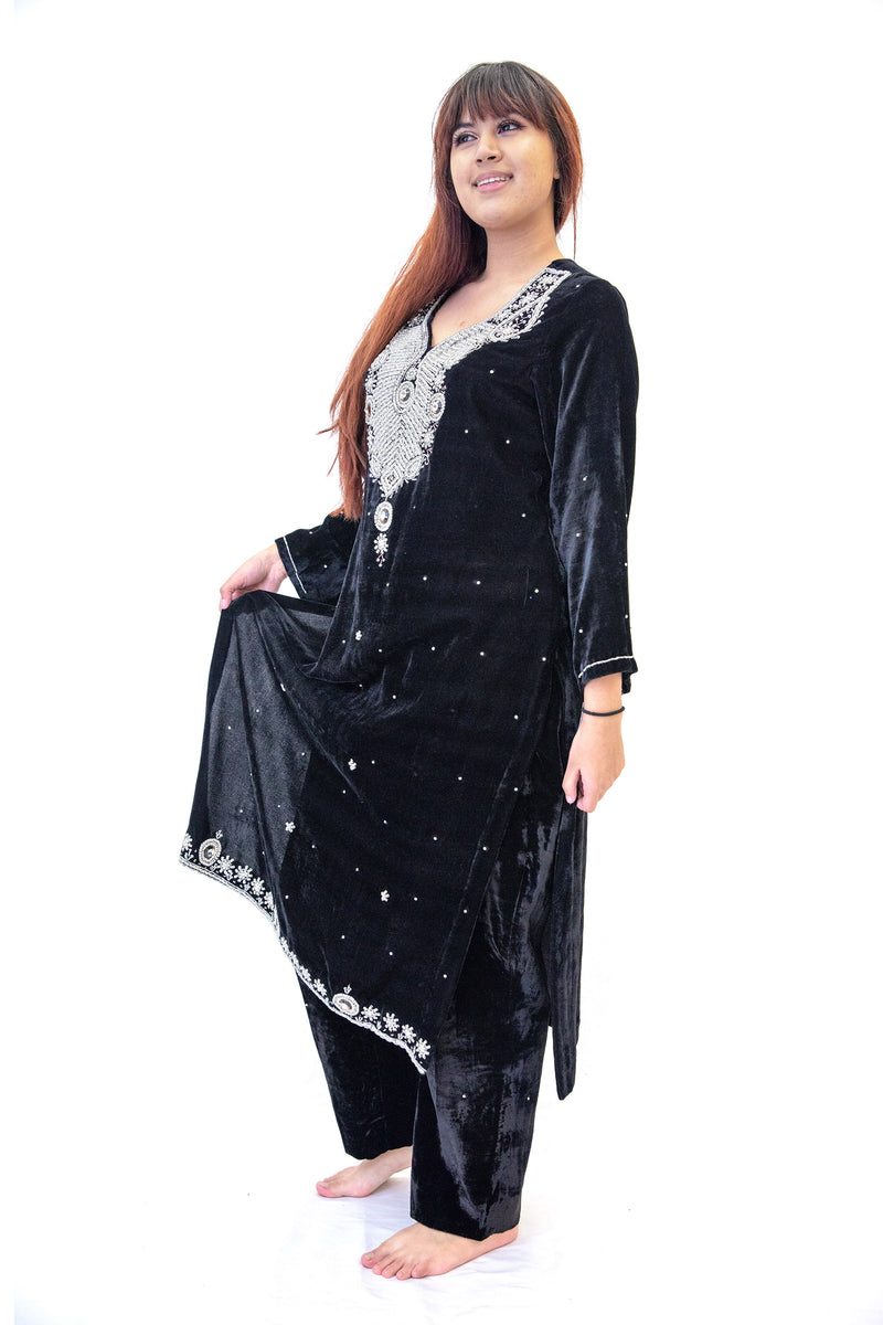 Black Velvet Embroidered Salwar Kameez - Suit - South Asian Fashion