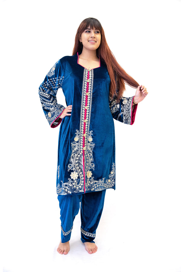 Blue Velvet Salwar Kameez - Suit - South Asian Fashion