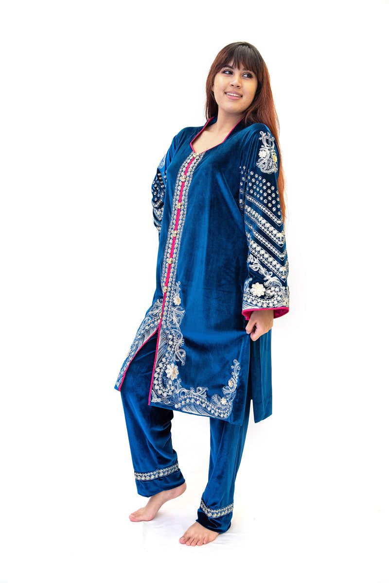 Blue Velvet Salwar Kameez - Suit - South Asian Fashion
