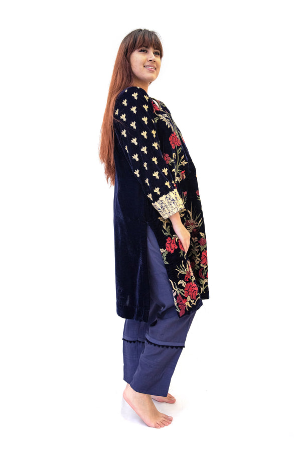 Blue Velvet Salwar Kameez - Iznik Suit - South Asian Formal Wear