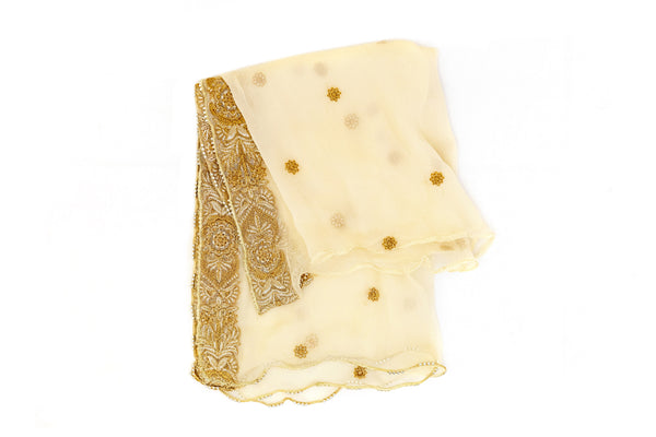 Creme Chiffon Embroidered Dupatta - Small Scarf - South Asian Fashions