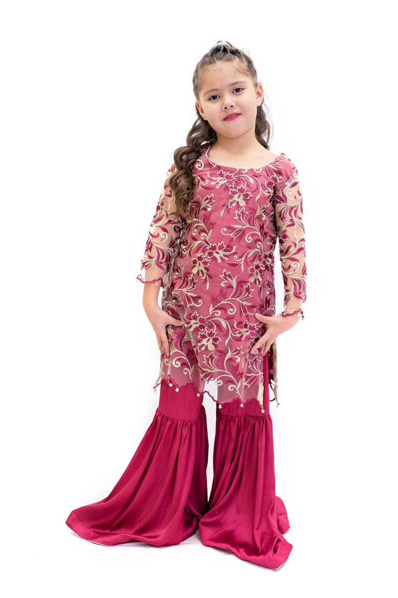 Net & Silk Magenta Salwar Kameez - Girls Suit - South Asian Fashion