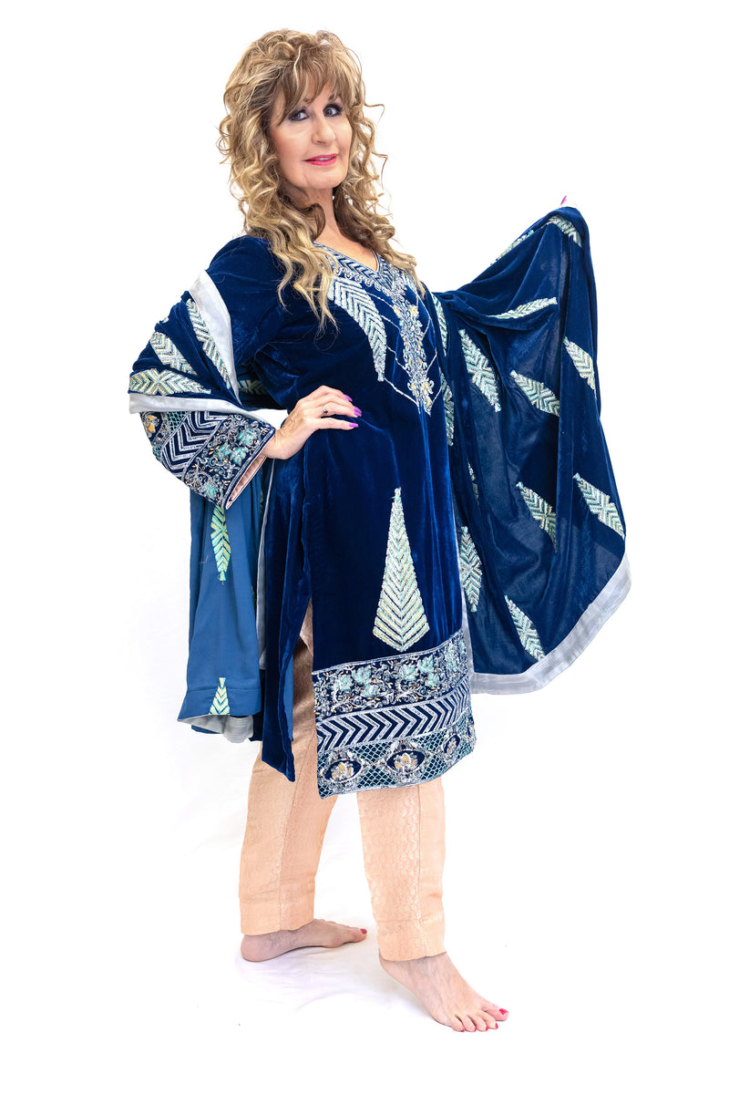 Blue Velvet Salwar Kameez - Designer Suit - South Asian Fashion