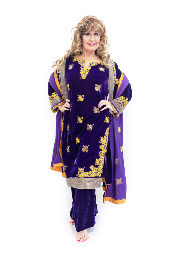 Purple & Gold Velvet Salwar Kameez - Suit - South Asian Fashion