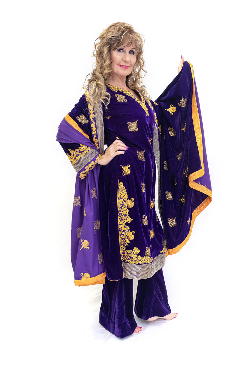 Purple & Gold Velvet Salwar Kameez - Suit - South Asian Fashion