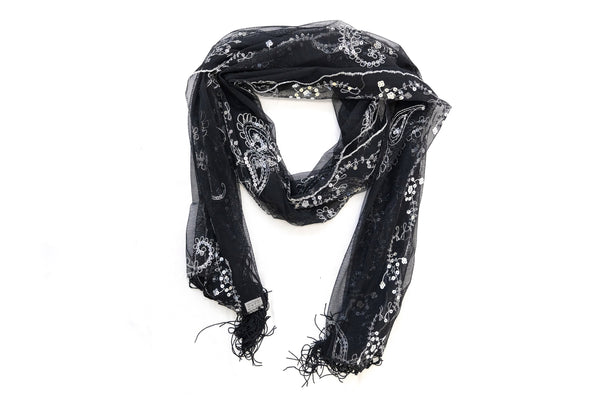 Black & White Embroidered Dupatta - Scarf- South Asian Accessories