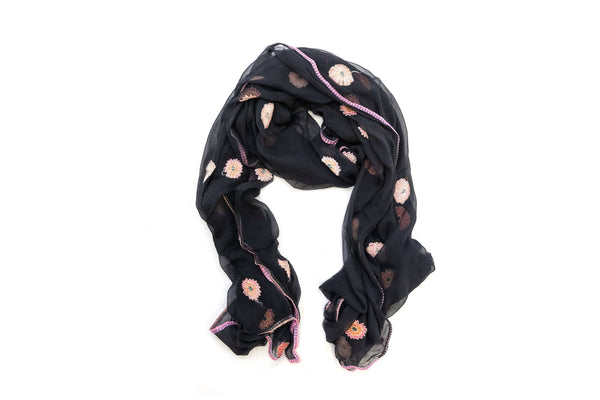Black & Pink Floral Chiffon Dupatta - Scarf - South Asian Outerwear