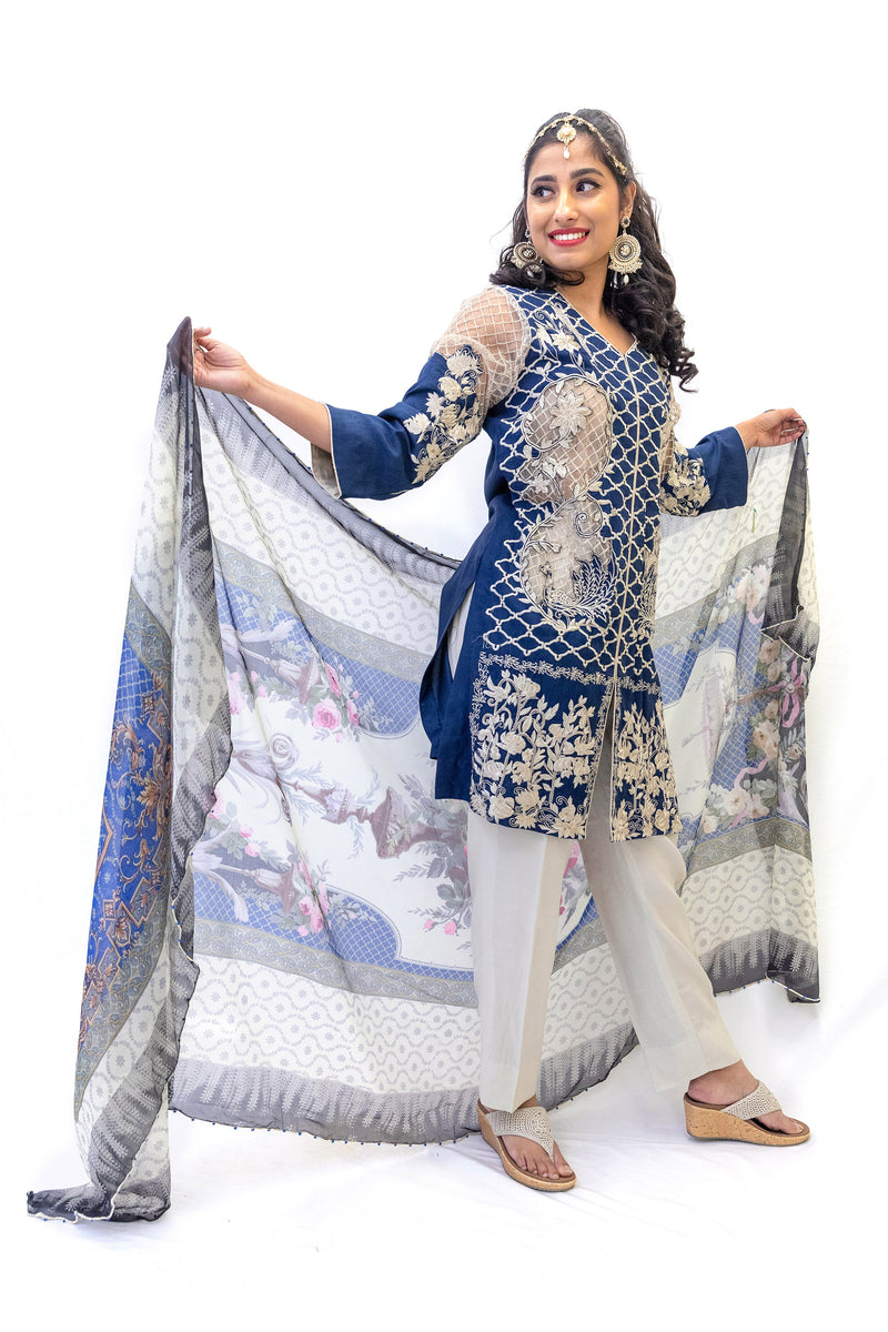 Blue Cotton Salwar Kameez - Erum Khan Suit - South Asian Fashion