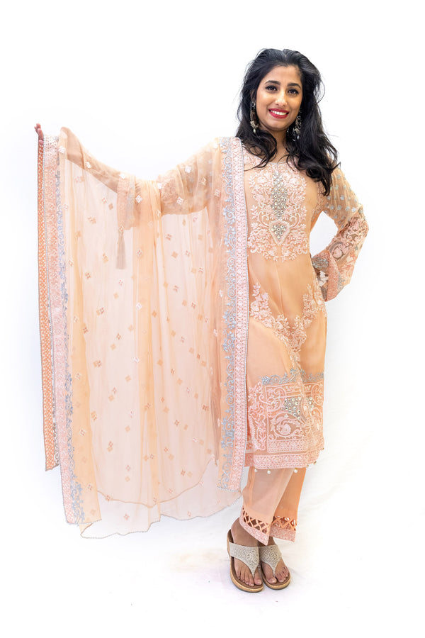 Peach Chiffon Salwar Kameez - Suit - South Asian Formal Wear