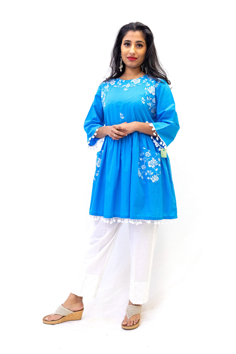 Blue Cotton Embroidered Shirt - Casual Ethnic Wear