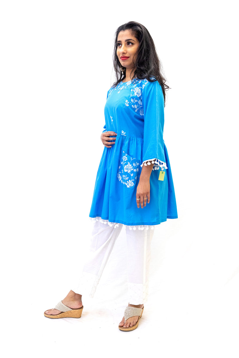 Blue Cotton Embroidered Shirt - Casual Ethnic Wear