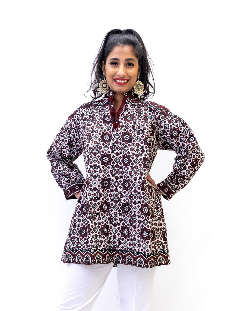 Maroon & White Cotton Kurti - South Asian Women's Shirt