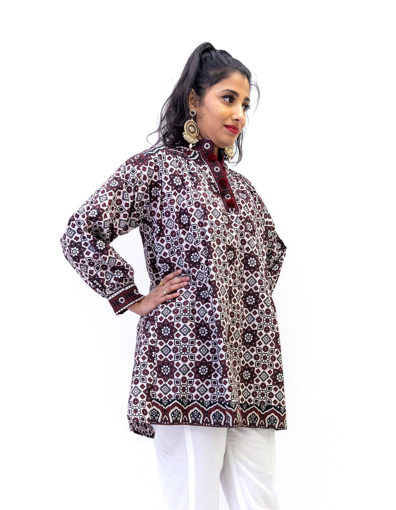 Maroon & White Cotton Kurti - South Asian Women's Shirt