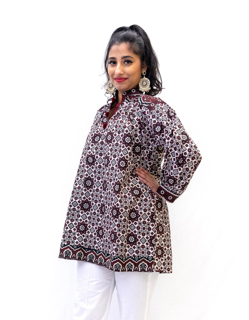 Maroon & White Cotton Kurti - South Asian Women's Shirt