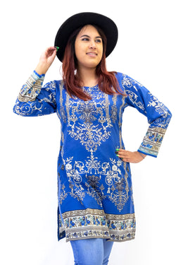elegant white and tan print designs cover this lightweight royal blue cotton lawn shirt. Blue Cotton Print Kurti - Shirt - Women's South Asian Casual Wear