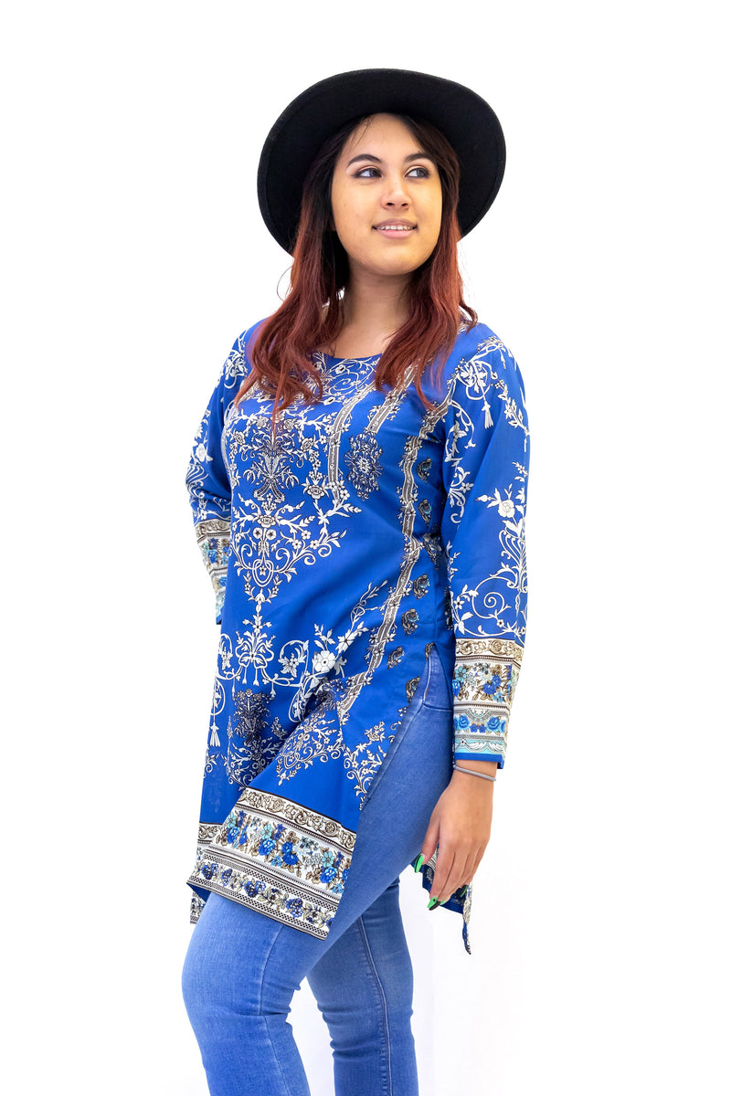 Blue Cotton Print Kurti - Shirt - Women's South Asian Casual Wear