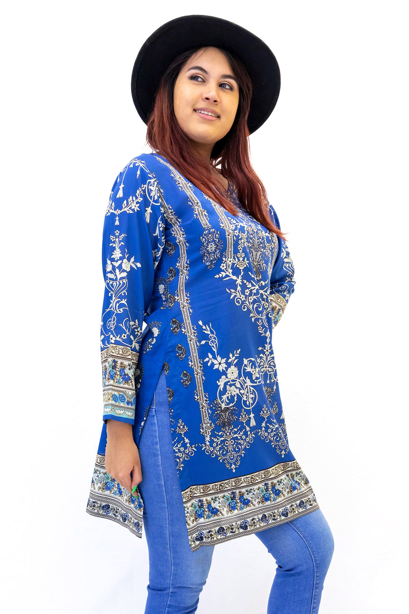 Blue Cotton Print Kurti - Shirt - Women's South Asian Casual Wear