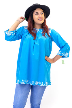 Blue Cotton Sequin Embroidered Kurti - Women's Shirt