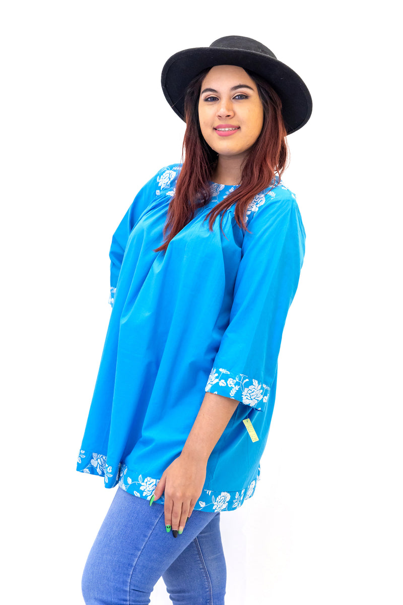 Blue Cotton Sequin Embroidered Kurti - Women's Shirt