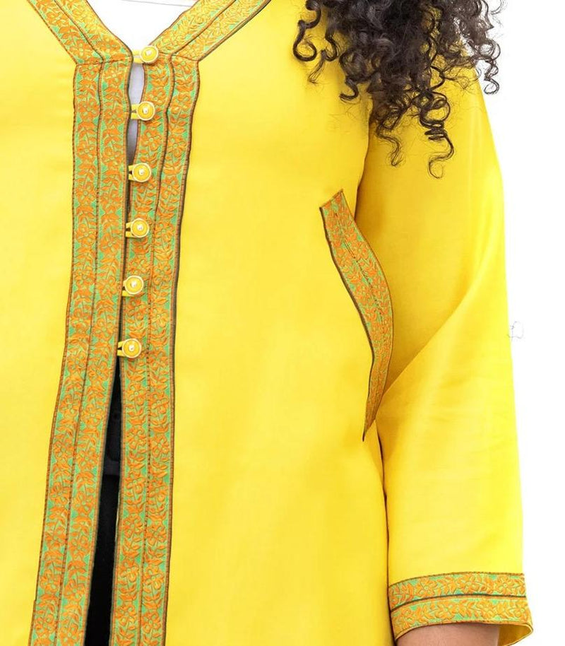 Yellow Cotton Embroidered Coat - South Asian Outerwear