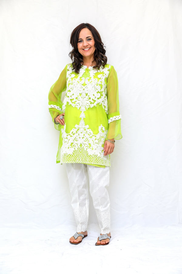 Organza Women Shirt Kurti-Kameez. Delicate machine work in the front and back of the shirt