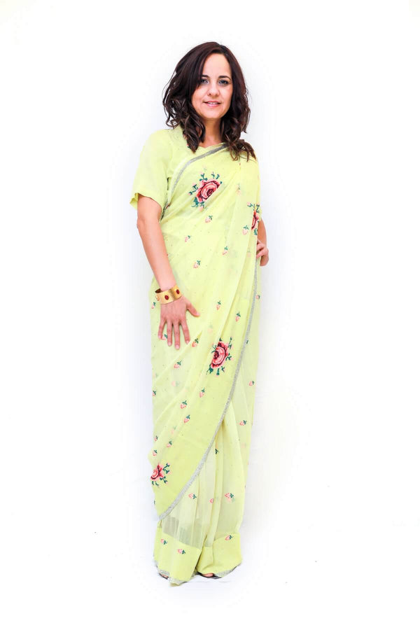 Indian Bollywood Hand Embroidery Chiffon Sari (Saree)- Trendz & Traditionz Boutique 