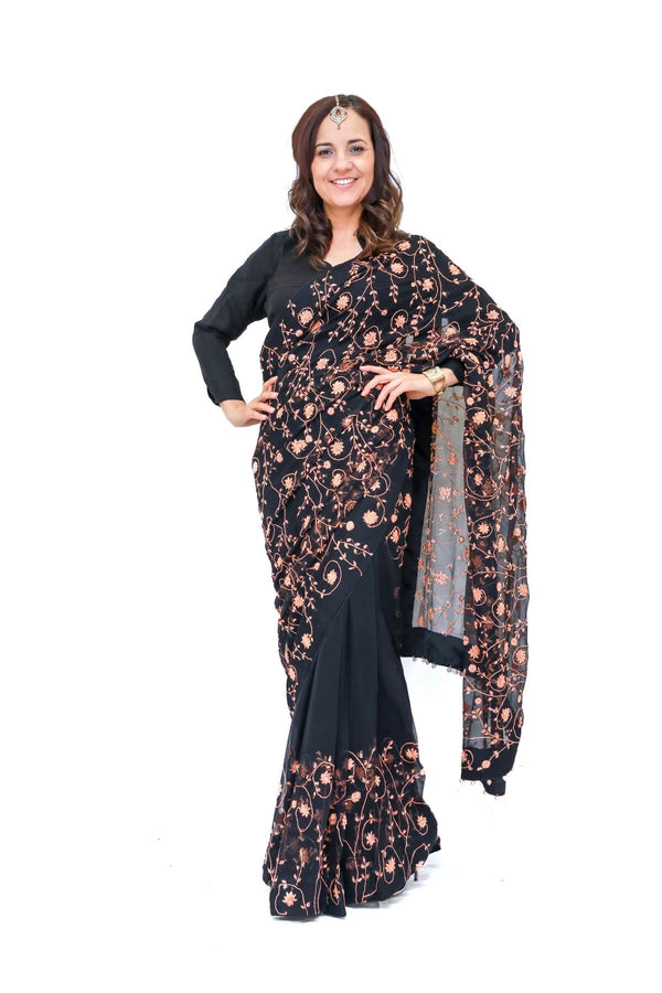 Handmade Embroidery Sari (Saree) Peach Roses -Trendz & Traditionz Boutique 