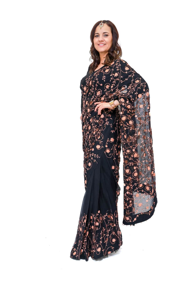 Handmade Embroidery Sari (Saree) Peach Roses -Trendz & Traditionz Boutique 