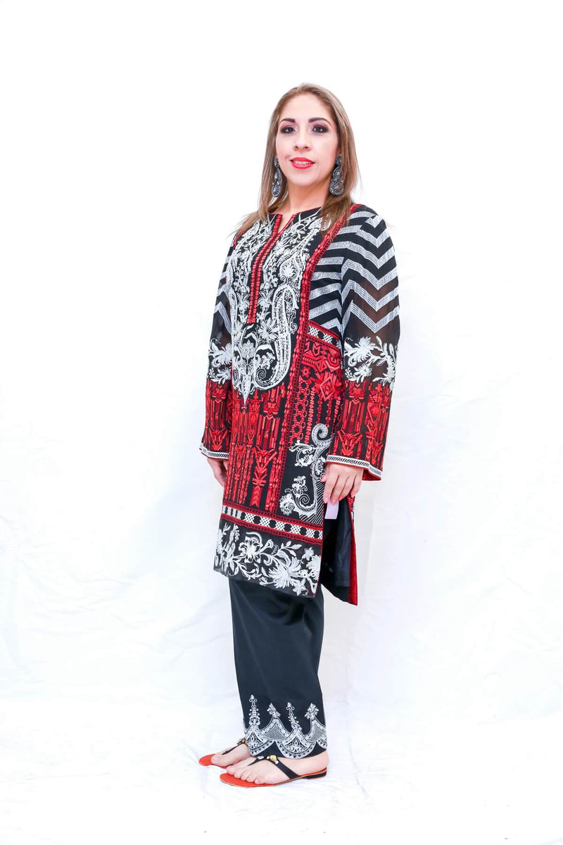 Indian Pakistani chiffon Black & Red Embroidery-Trendz & Traditionz Boutique 