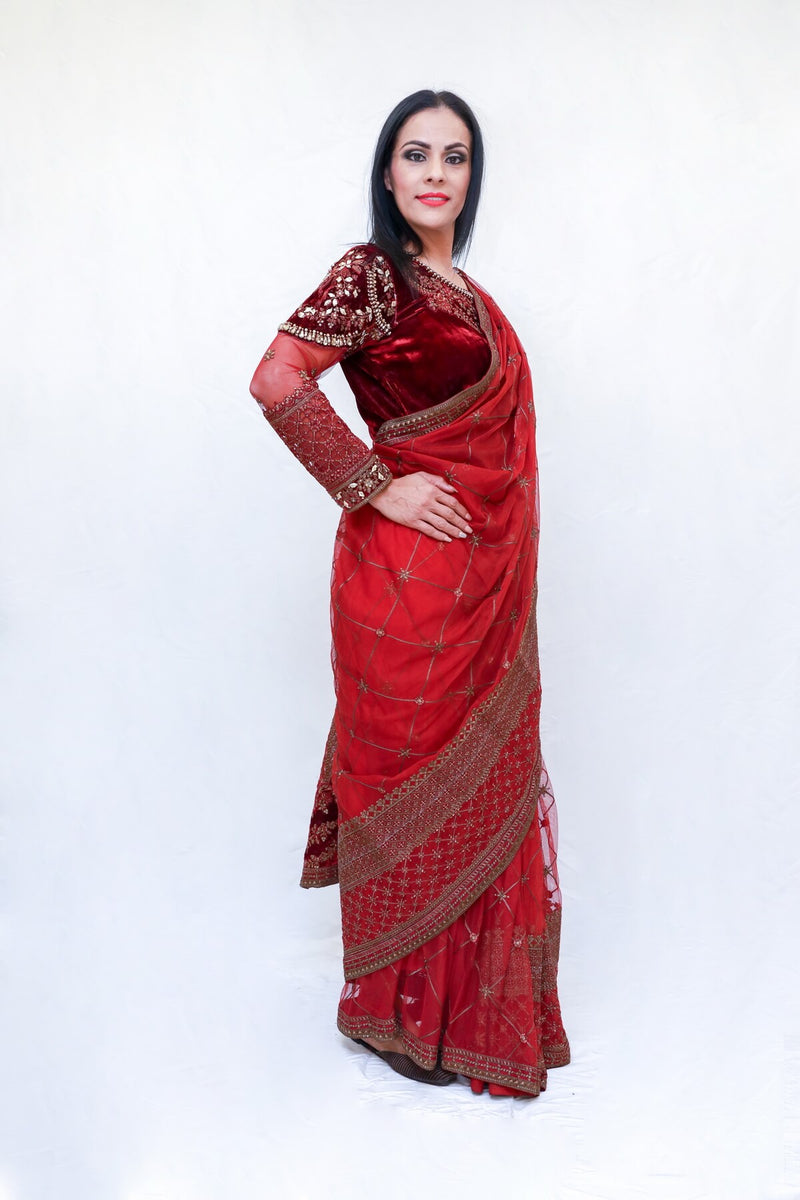 Pakistani Net Sari (Saree) with Velvet Blouse - Trendz & Traditionz Boutique 