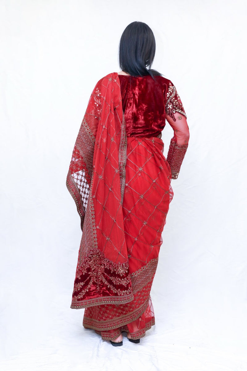 Pakistani Net Sari (Saree) with Velvet Blouse - Trendz & Traditionz Boutique 