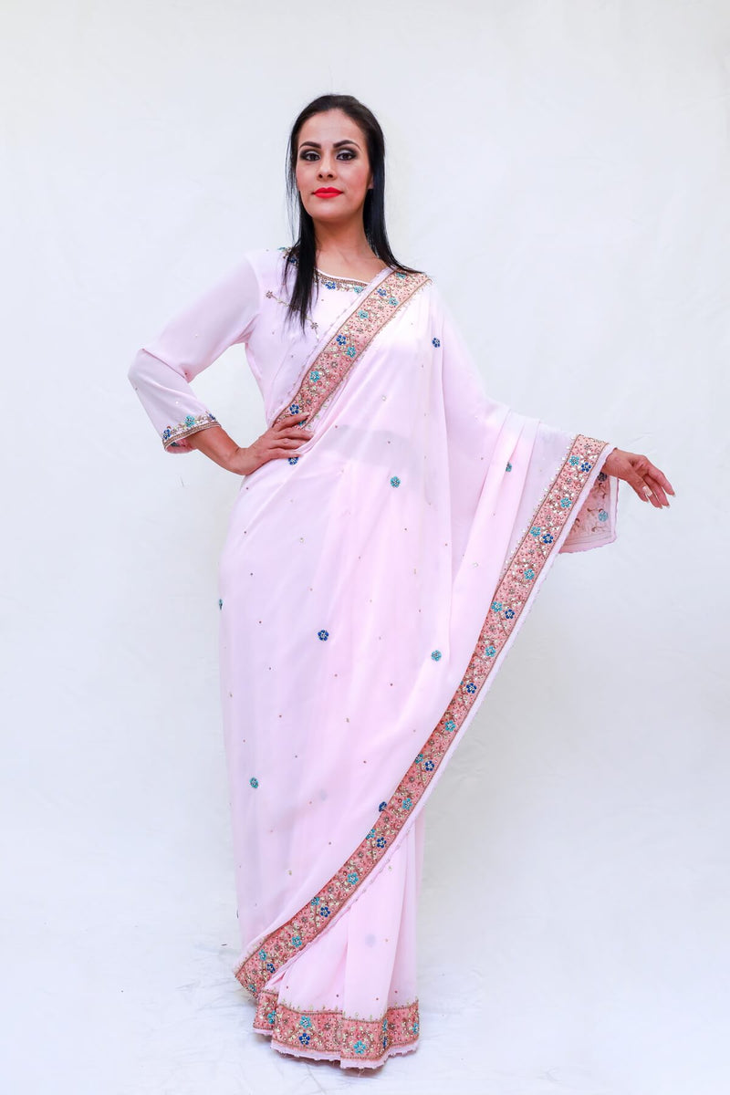 Georgette Hand Embroidery Sari (Saree) with Crystals - Trendz & Traditionz Boutique 