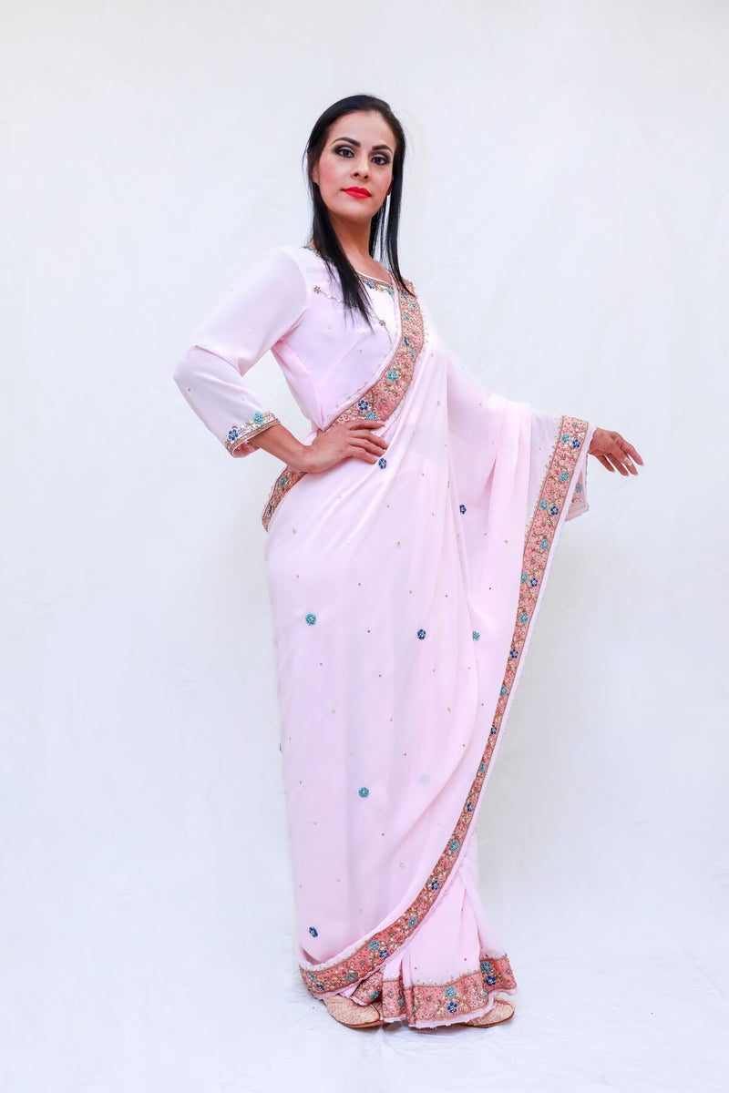 Georgette Hand Embroidery Sari (Saree) with Crystals - Trendz & Traditionz Boutique 