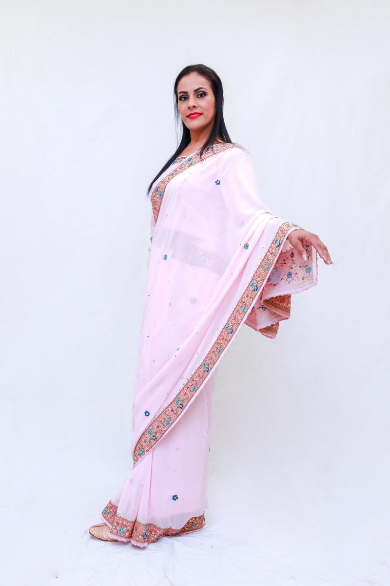 Georgette Hand Embroidery Sari (Saree) with Crystals - Trendz & Traditionz Boutique 