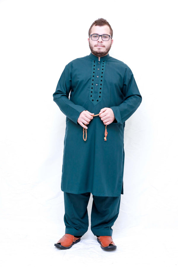 A dark green shirt with minimal embroidery in the same color and loose dark green pants. Men Green Cotton Salwar Kameez