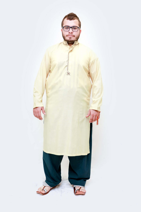 A light yellow cotton shirt delicate gold and red embroidery