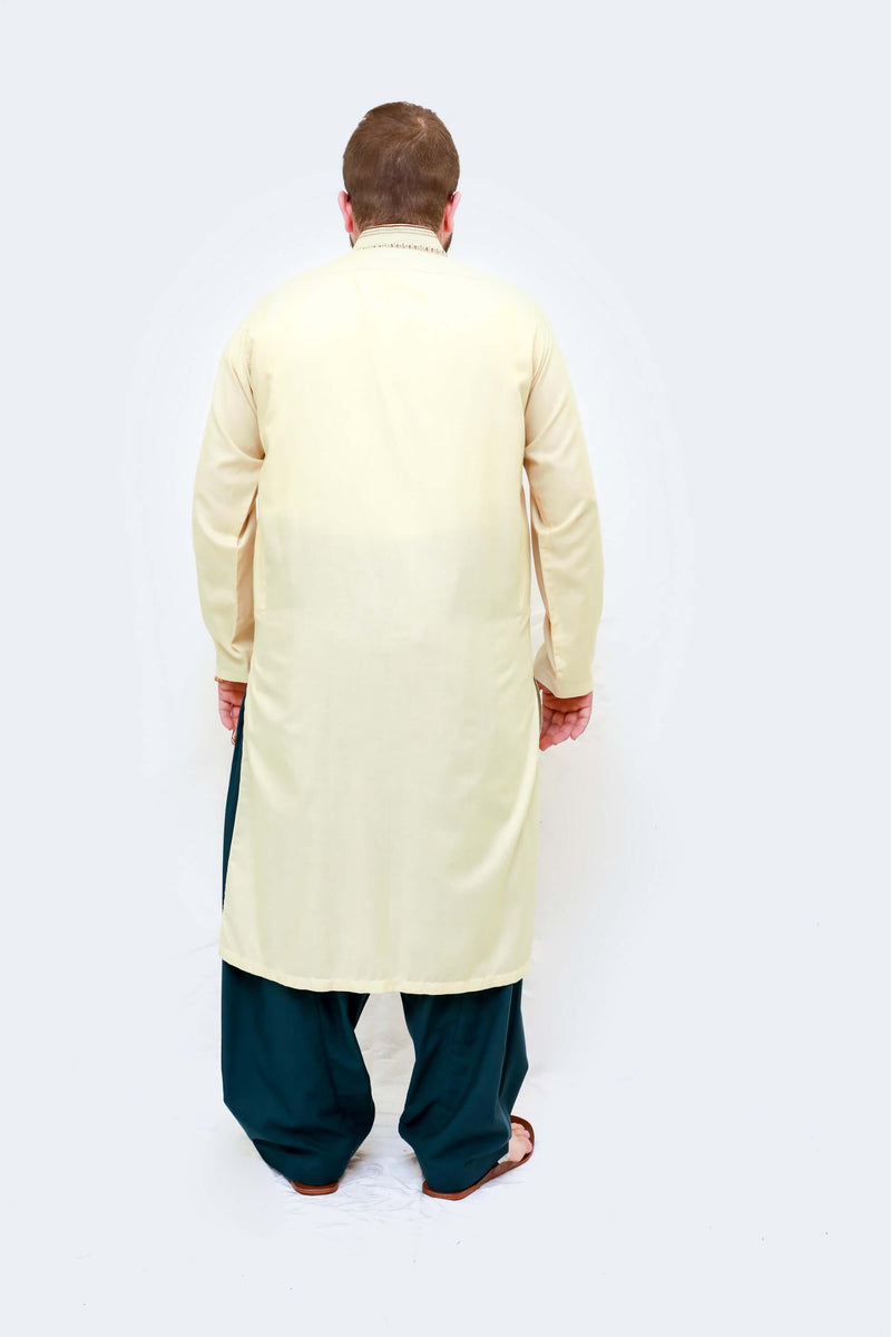 A light yellow cotton shirt delicate gold and red embroidery