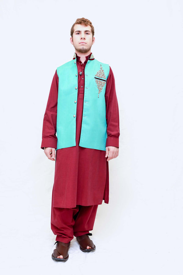 Men Blue Vest and Red Cotton Suit - Trendz & Traditionz Boutique