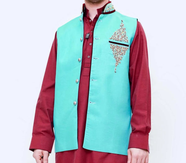 Men Blue Vest and Red Cotton Suit - Trendz & Traditionz Boutique