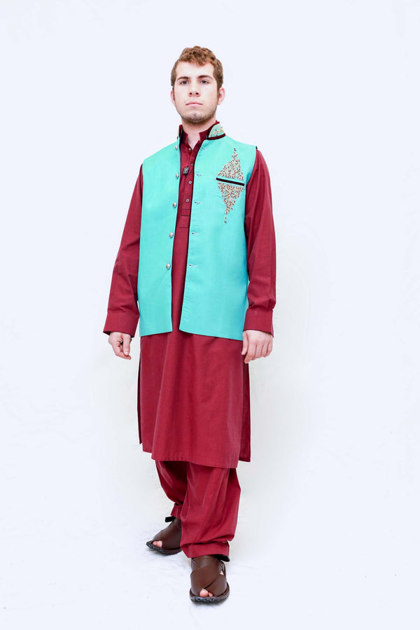 Men Blue Vest and Red Cotton Suit - Trendz & Traditionz Boutique